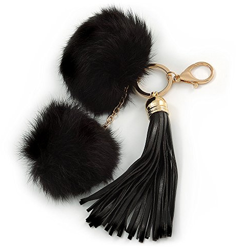 Avalaya Black Faux Fur Pom-Pom and Black Faux Leather Tassel Gold Tone Key Ring/Bag Charm - 21cm L
