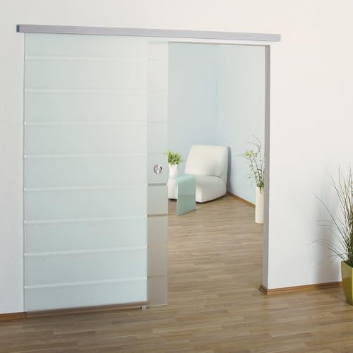 BIJON Glasschiebetür Komplettset aus 8mm ESG Glas | Glastür Schiebetür mit Muschelgriff und 15mm Wandabstand, Teilsatiniert - SO5 DIN Rechts - 775x2050 mm
