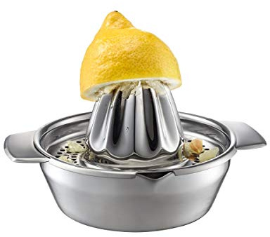 GEFU Zitronenpresse LEMON - Edelstahl Zitruspresse manuell 0,25 l | 2-teilige Saftpresse mit Sieb und Auffangbehälter - Ideal für Orangen und Limetten - Spülmaschinenfest aus Edelstahl 18/10