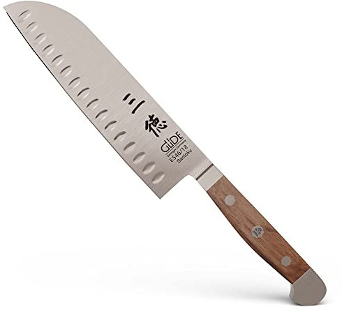 GÜDE Solingen - Santoku Messer mit Kulle geschmiedet, 18 cm, Fasseichenholz, ALPHA FASSEICHE, Doppelkropf, Handmade Germany, Eichenholz