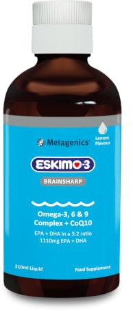 Eskimo-3 Brainsharp, Lemon Omega-3 6 9 & CoQ10 Liquid - 210ml | Pure, sustainable fish oil with vitamin D3 to help support normal brain function, vision, and immune function