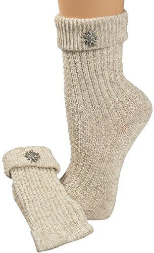 Harrys-Collection Trachtensocken für Damen & Herren - Strick-Socken Umschlag & Edelweiß-Pin - Naturfarben Beige Grau - Gr. 35-50 - Ideal für Lederhose & Dirndl