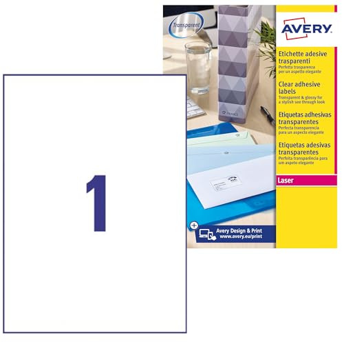 Avery Utskrivbara, anpassningsbara genomskinliga fraktetiketter, laserskrivare, 1 etikett per A4-ark, 25 etiketter, QuickPEEL (L7567) transparent 210 x 297 mm L7567-25