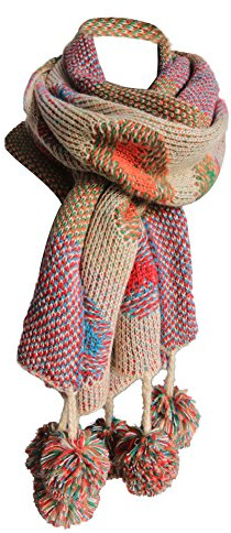 PB-SOAR Damen Strickschal Warmer Schal Halstuch mit bunten Punkten und abnehmbaren Bommeln 180 x 38cm (Beige)