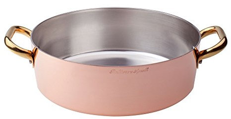 Casseruola bassa rame liscio stagnato a mano con maniglie in ottone, diametro 200 mm