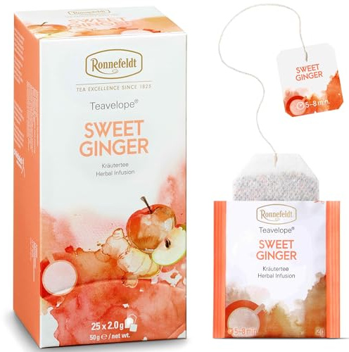 Ronnefeldt Teavelope Sweet Ginger - Früchte-Gewürzteemischung, 25 Teebeutel, 50 g | Kräutertee Apfel & Ingwer mit Kurkuma & Gewürzen - Deutsch, heiß oder eisgekühlt - einzeln verpackt - 25 Stück - 1 Stück