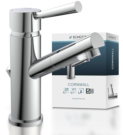 SCHÜTTE Mitigeur de lavabo Cornwall, batterie de salle de bains, robinet pour la salle de bains, mitigeur avec vidage, chrome, métal, haute pression