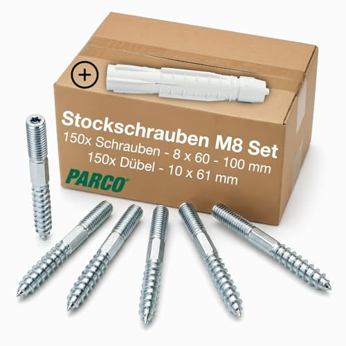 PARCO Set- Stockschrauben 150 Stück M8 TX25 verzinkt + Universaldübel 150 Stück - zur Befestigung von, Waschbecken, Handtuchhalter, Badregale, Möbel, sogar für PV-Anlagen sowie Klimageräte