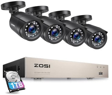 ZOSI 8CH Outdoor CCTV Camera System with AI Human Vehicle Detection, 5MP Lite H.265+ DVR Recorder with 1TB Hard Drive and 4pcs 1080P Weatherproof Security Cameras, Night Vision, Remote Access, 15fps