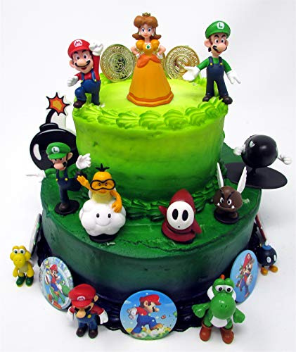 Mario Brothers Birthday Party 22 Piece Mario Birthday Cake Topper Featuring Mario, Luigi, Bullet, Toad, Mushroom, Goomba, Koopa, Shy, Bomb, Lakitu Spiny, Mario Coins, Large Bomb, and 6 Mario 1 Decorative Buttons