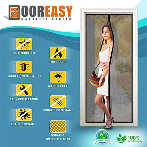 DOOREASY FULL Fastener loop sewn into top and both sides,FULL Fastener Hook adhesive to cover full door frame,NO NOISE WITH BUILT-IN MAGNET, Magic Bug Mesh Fly Screen(36X83, Black)