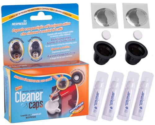 CleanerCaps Pulizia Macchina Caffè, Kit Doppia Azione - Compatibile con Nespresso - 2 Capsule Detergenti e 4 Decalcificanti Liquido - Pulizia Interna non Corrosiva, Facile e Automatica