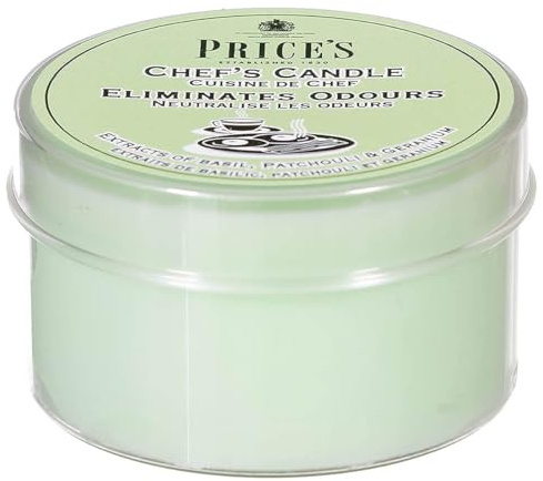 Price's Candles Chef's Tin Odour Eliminating Candle | Basil, patchouli & geranium fragrance, helps neutralise cooking odours, fresh kitchen ambience, decorative tin, everyday use