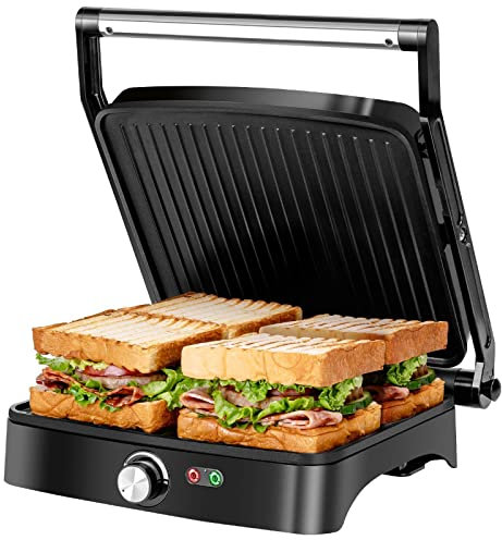 Aigostar Calore - Griglia Elettrica/Sandwich Maker/Panini Maker 3 in 1, Piastre Antiaderenti, 1800 W, Bistecchiera Elettrica con Regolatore di Temperatura, Apertura a 180°, Vassoio Raccogligocce