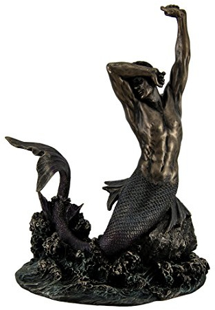 Veronese Design 7 7/8 Tall Merman Stretching on Rock Cold Cast Resin Antique Bronze Finish Sculpture Nautical Mermaid Statue