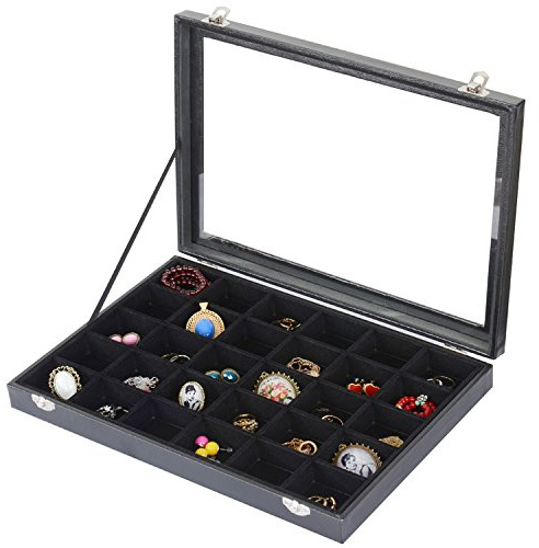 Sinoba Schmucklade Schmuckkasten Schaukasten Glasdeckel | 30 Fächer | Schmuckdisplay mit Glasdeckel und samtigen Fächern. Stapelbar für Ringe, Ohrringe, Ketten und Kleinschmuck