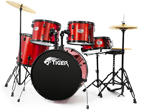 TIGER DKT28-RD Full Size Acoustic Drum 22 Bass Drum Kit with Stands Stool Sticks & Cymbals - Red