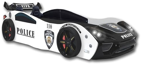 Aileenstore Autobett 90x200 Jungen Kinder Kinderbett Police + Sportsitze Rennwagenbett inkl. Lattenrost LED-Leuchte Spoiler (Fresh Plus H2 Matratze)