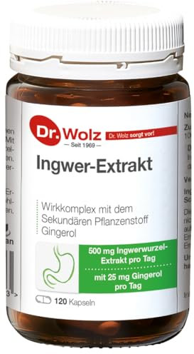 Dr. Wolz Ingwer-Extrakt Kapseln, mit einem hohen Anteil an Gingerol aus 500mg Ingwerwurzel-Extrakt, Rückstandskontrolliert und deutsche Herstellung, 120 Kapseln