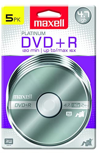 Maxell – 639031, Platinum DVD+R - High Capacity Write-Once Discs for Videos & Digital Storage - 4.7GB Storage with 16X Write Speed Up To 120 Min, Exceptional Archival Life – Pack 5