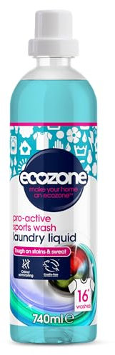 Ecozone Pro-Active Sports Wash, Ultra Concentrated Laundry Liquid Bio Detergent, Washing Machine Clothing Stain & Odour Removal, Natural Vegan Non Toxic Eco-Friendly, Gentle on Skin, 16 Washes (740ml)