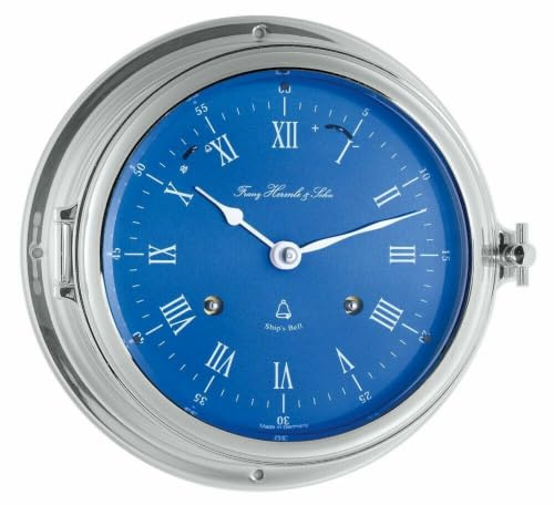 Glasenuhr Schiffsuhr verchromt Glasen-Schlagwerk mechanisch Federaufzug Zifferblatt blau Hermle 35067-000132