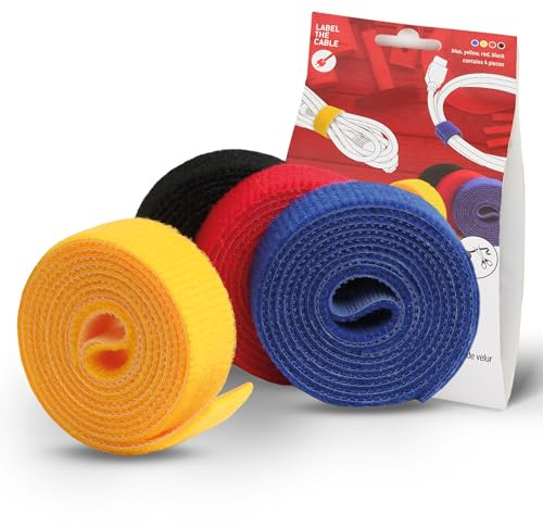 LABEL THE CABLE Roll Straps Klettband beidseitig, 4x1m x 16mm, Bunt | Kabelbinder Klett, zuschneidbar, Kabelmanagement, Pflanzenbinder, Werkstatt, DIY, wiederverwendbar