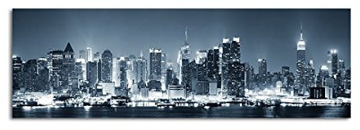 Wandbild Panorama New York City Manhattan Skyline schwarz weiss blau in der Nacht auf Leinwand und Keilrahmen. Beste Qualität, handgefertigt in Deutschland! 120x40cm