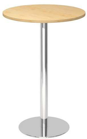 bümö Stehtisch Büro, Bistrotisch rund 80 x 80 cm - Bartisch Ahorn, Stehtisch Holz-Platte, Säule aus Metall verchromt, Buffettisch, Säulentisch, Partytisch, Thekentisch, Hochtisch, Barmöbel