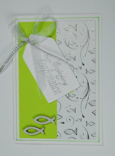 Kartenkunst 5 x Hochwertige Einladungskarten zur Konfirmation Fische - maigrün *Handmade*grün/hellgrün/maigrün