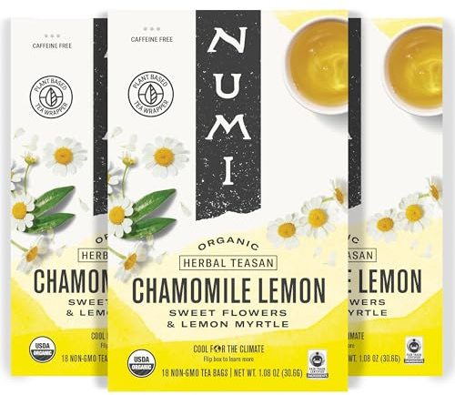Numi Organic Chamomile Lemon Tea – 54 Herbal Tea Bags – Caffeine Free Calming Egyptian Chamomile & Lemon Myrtle – Caffeine Free Floral Citrus Herbal Tea