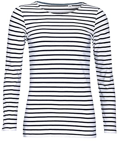 Sols Damen Marine T-Shirt, gestreift, langärmlig (L) (Weiß/Marineblau)
