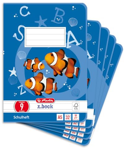 herlitz Schulheft x.book A5, Lineatur 9, 4. Klasse, liniert mit weißem Rand, 32 Blatt, 5 Stück