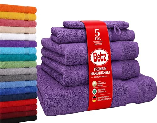 Betz Premium Frottier Handtuch-Set 5-teilig - 1x Liegetücher - 2X Handtücher - 1x Gästetücher - 1x Waschhandschuh - lila