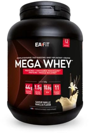 EAFIT- Mega Whey- construction musculaire pour la musculation- 43g de protéines de Whey+10g de BCAA+1,5g de créatine par shaker- Assimilation Rapide- Vanille- 750g- Creatine monohydrate