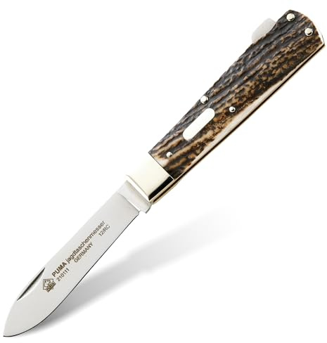 PUMA - Jagdtaschenmesser 1-teilig - 88mm Klinge aus deutschem Stahl (1.4110, 55-57 HRC) - Hirschhornschalen mit Gravurplatte - Rückenfederverriegelung - Handgefertigt in Solingen (Art.Nr.: 210111)