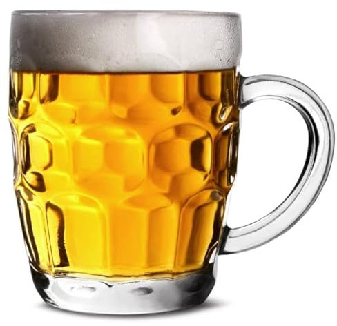 Drinkstuff Great British Half Pint Dimple Mug 10oz / 285ml – Set of 4 Dimpled Glass Mugs with Handle – Traditional Beer Tankards for Craft & Classic Beers, Dishwasher Safe, Gift Boxed