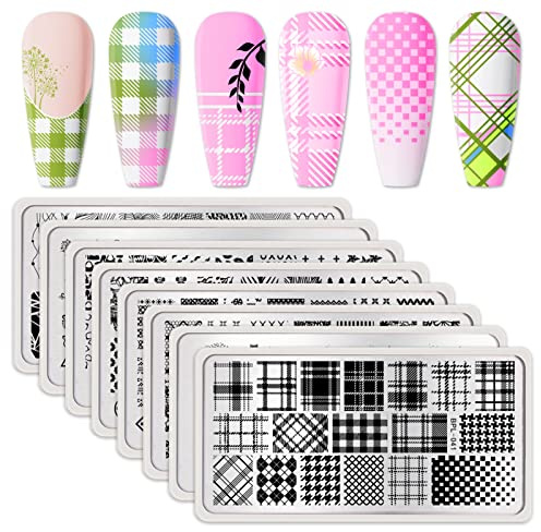 Born Pretty Nail Stamping Plates Set Plaid Flowers Leaves Lace Nail Art Image Plates Spring into Winter Stamp Templates Kit Image Manicuring DIY Printing Tools 8PCS