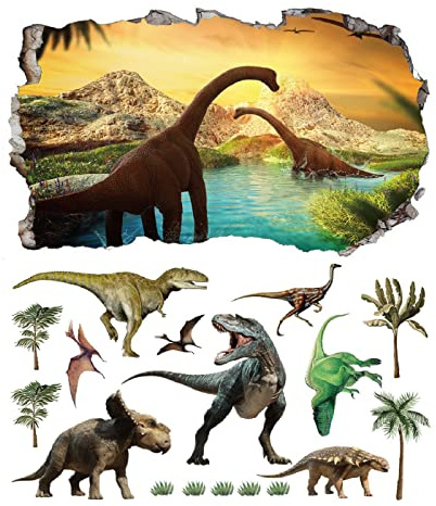 2Pcs Dinosaurier Dino Urzeit T-rex Wandtattoo 3D Effekt Wandsticker XXL Wanddurchbruch Tiere Fenster Wandaufkleber für Kinderzimmer Jungenzimmer v11 1000 mm breit x 600 mm tief (groß)