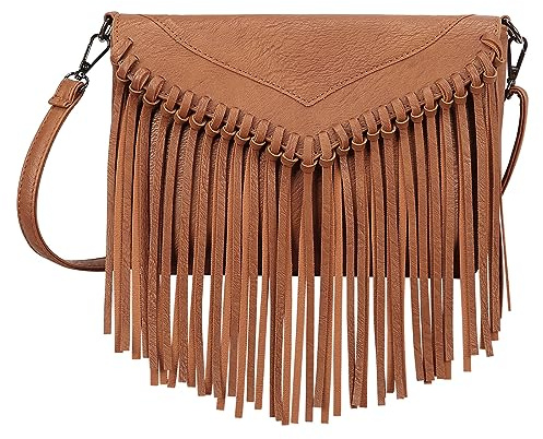 HDE - Borsetta da donna in pelle PU, con frange, stile vintage, Marrone (Cammello), Taglia unica
