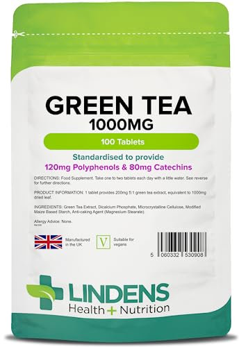 Lindens - Green Tea 1000mg, 100 Tablets - UK Made - Standardised to Provide 120mg Polyphenols and 80mg Catechins - Green Tea Extract, 2,000mg Daily Intake - Letterbox Friendly, Vegan