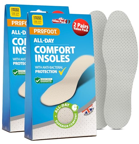 Profoot All Day Comfort Insoles - Anti-Bacterial Protection - Ideal for Foot Discomfort - Unisex Insoles with Superior Comfort - Transferable Between Shoes - Washable and Reusable (2 Pack)