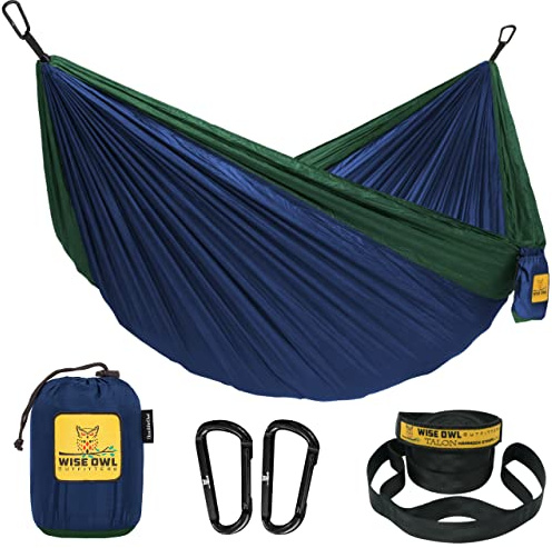 Wise Owl Outfitters Hängematte - Outdoor Hängematte für 1 Person - Ultraleichte Reisehängematte - Belastbar bis 180 kg - Camping Zubehör - Inkl. Aufhängung u. Karabiner (Marineblau und Waldgrün)