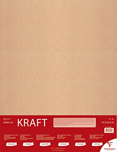Clairefontaine - Ref 37108C - Kraftpapper (25 ark) - 50 x 65 cm storlek - naturbrun, slät sida och ribbad sida, 90 gsm papper, syrafri, pH-neutral