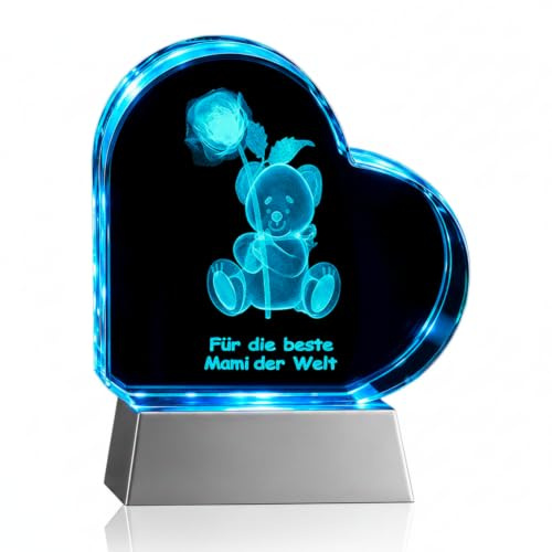 Kaltner Präsente LED Glasgravur Herz – 3D Teddybär mit Rose & Text „Für die beste Mami der Welt“ – leuchtendes Geschenk im Glas auf Sockel – Perfekt für Muttertag & Geburtstag