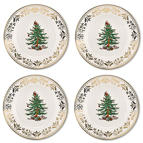 Spode Salatteller Weihnachtsbaum Gold (Set mit 4 Stück) – 20,3 cm Porzellan Abendessen & Vorspeise, Weihnachtsgeschirr & Feiertagsgeschirr, mikrowellen- und spülmaschinenfest, festlicher saisonaler