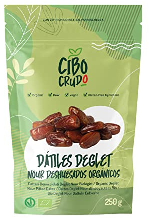 CiboCrudo Datteri Denocciolati Biologici Crudi, Deglet Nour - 250gr - Pittes Dates Raw Organic, Frutta Secca Bio, Datteri Disidratati Naturali, Etichette in Italiano