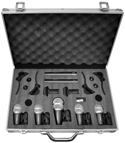Pyle Ensemble Microphones Dynamiques Câblés 7 Pièces pour Batterie, Basse, Tom/Snare & Cymbales – Complet avec Clips Filet, Insertions, Supports et Sac de Transport, Noir