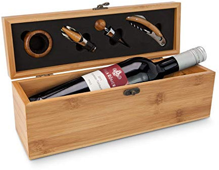 ROMINOX Geschenkartikel Weinaccessoirekiste // Vino Bamboo – Weinzubehör-Set 5-teilig, Holzkiste mit Sommeliermesser, Flaschenverschluss, Ausgießer und Tropfring; Maße: ca. 33 x 10 x 12 cm