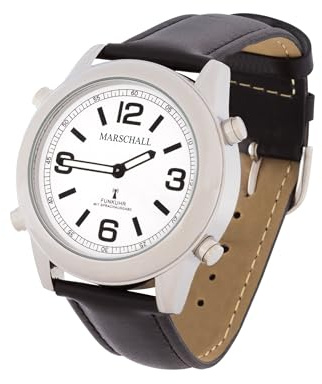 Marschall Deutsch sprechende Herren Armbanduhr I 1136L I Funkarmbanduhr I Für Blinde, Senioren und Sehbehinderte I Datum- und Zeitansage I Extra große Zeiger I Schwarzes Lederarmband